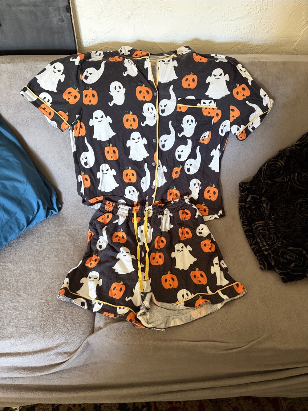 Halloween Ghost & Pumpkin Pajama Set - Black/Orange